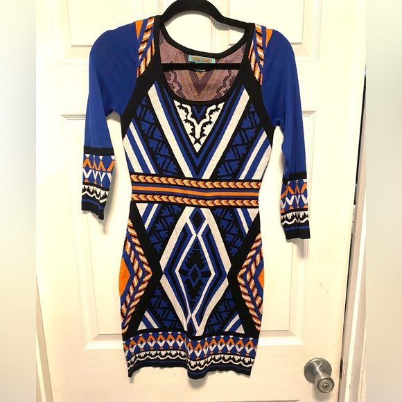 Flying Tomato Dresses & Skirts - Flying Tomato Blue and Orange Aztec Geometric Pattern mini knit Dress size S